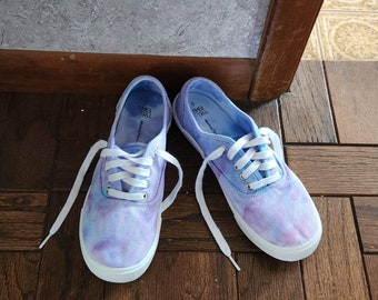 Purple shoes, tie dye blue and purple canvas shoes, tie shoes, size women's 9 shoe, dyed canvas sneakers