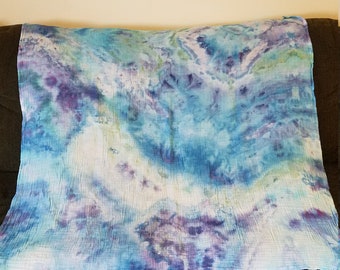 Blue and turquoise ice dyed organic cotton muslin swaddle baby blanket, fast shipping