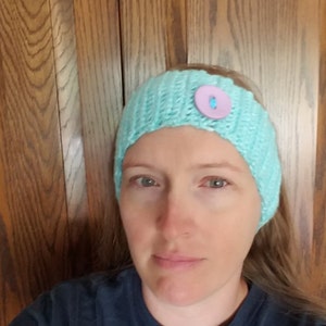Diadema de invierno turquesa claro con botón lavanda, gorro de invierno, pañuelo para la cabeza, calentador de orejas