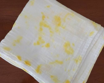 Couverture pour bébé en tissu tie-dye, couverture en coton bio, couverture pour nouveau-né jonquille jaune et blanc