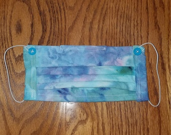 Ice dyed blue/turquoise/lavender cotton cloth washable face mask adult with filter pocket...made in USA