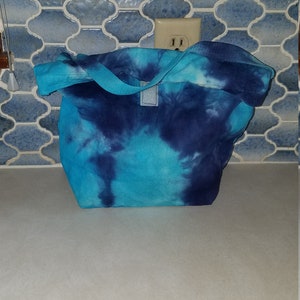 Blue and turquoise tie dye canvas lunch bag, lunch box,