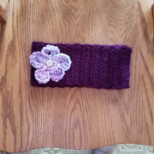 purple flower crochet headband, winter ear warmer, hat, head scarf, earmuff