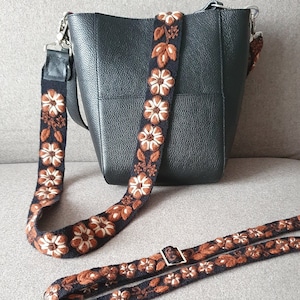 Peruanischer handgemachter Taschenriemen, Kameragurt, Blumen Taschengurt Gurtband, Bestickter Taschengurt, schwarz, braun, blau, Ivory