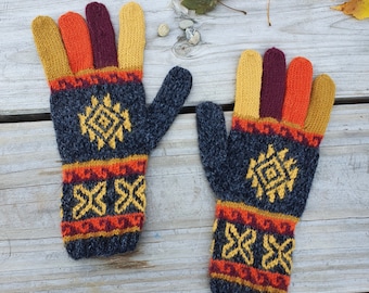 Guantes Cálidos de Alpaca, Punto de Alpaca Peruana, Guantes Naranjas para Invierno, Guantes de Punto a Mano, Guantes de Alpaca Adulto