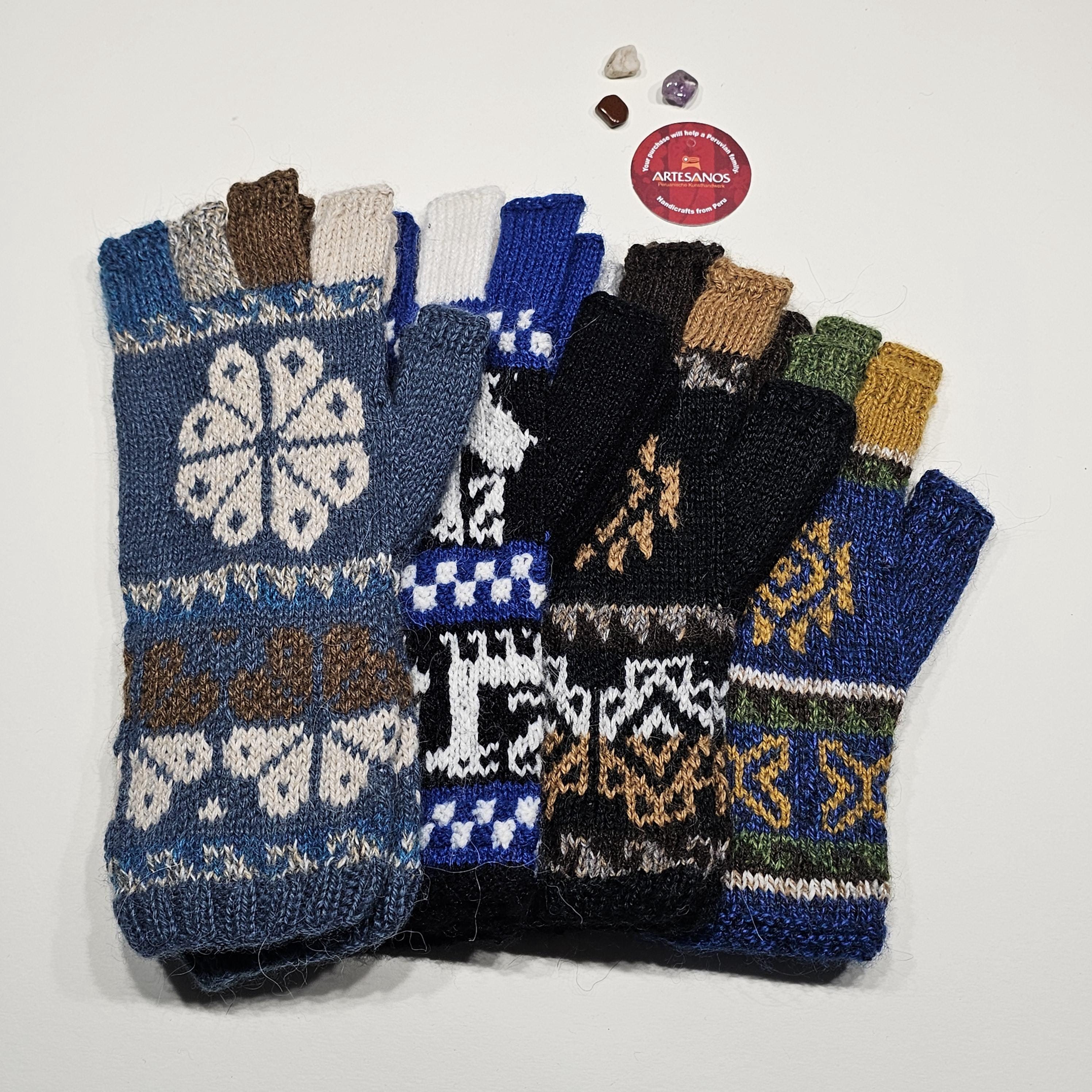 ハンドメイドのブルー手袋、ベビーアルパカのカラフルな手袋、暖かくて