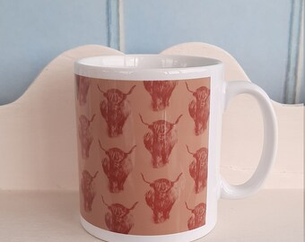 Beige and Rust Brown Highland Cow Repeat Pattern Mug