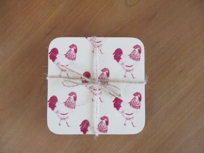 Red and cream cockerel repeat pattern coasters pack of 4 image 1