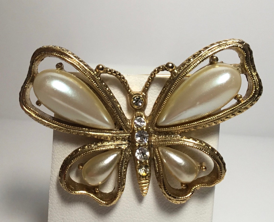 Vintage Gold Tone Butterfly Pin with Rhinestones and Faux Etsy