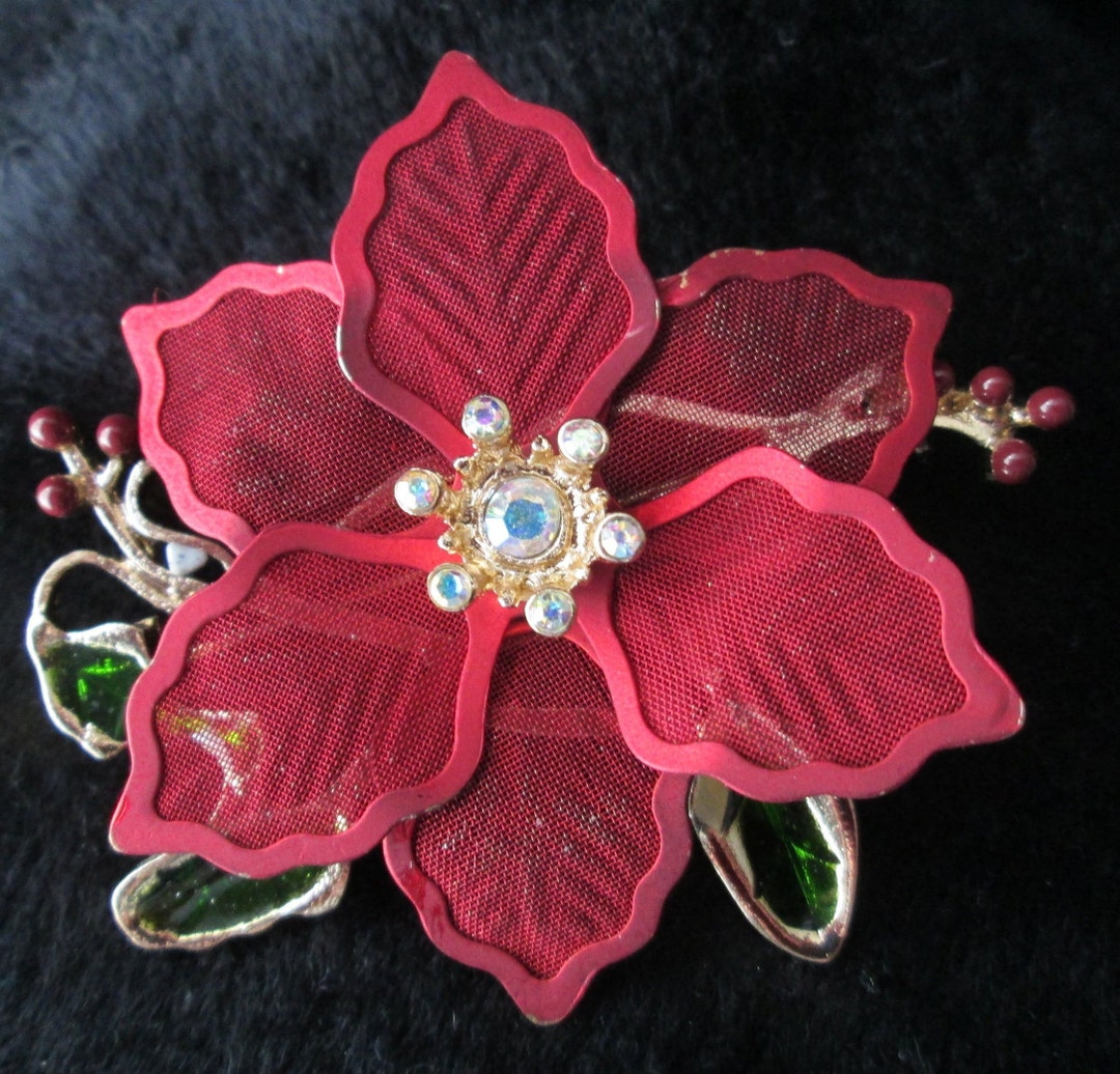 Vintage Christmas Red Poinsettia Brooch Marked kc Etsy