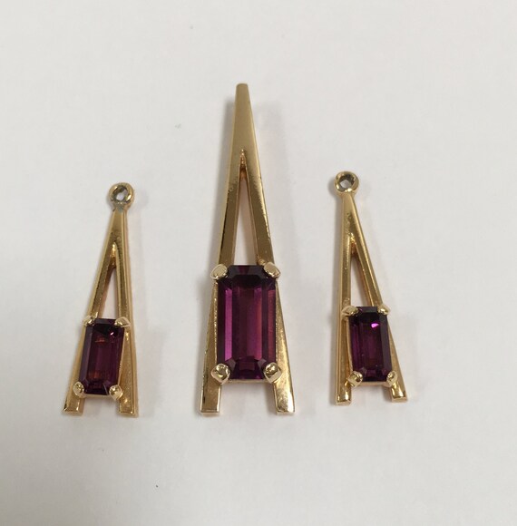 Rhinestone Pendant Earrings Set Amethyst Rhinestone Floral Earrings Pendant Gold Tone Rhinestone Clip Earrings