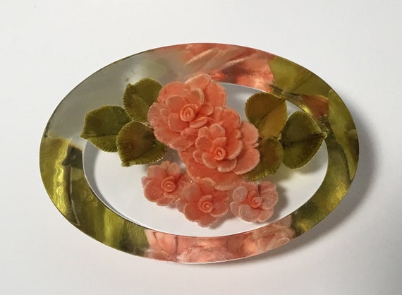 Vintage Carved Lucite Brooch with Peach Flower Bo… - image 3