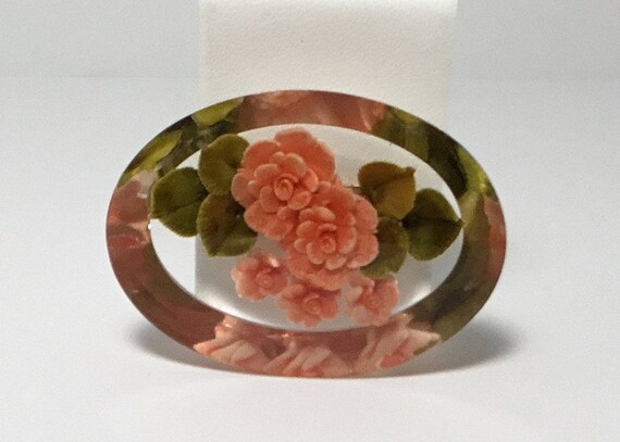 Vintage Carved Lucite Brooch with Peach Flower Bo… - image 1