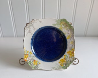 antieke transferware tulpen krokus narcissen bord blauwe lente plaat display muur royal winton grimades stand-on decor