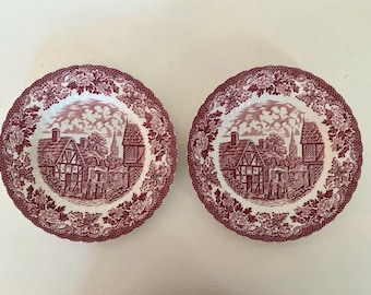 paar rode transferware borden dorpsgezicht merry olde engeland brits anker ijzersteen