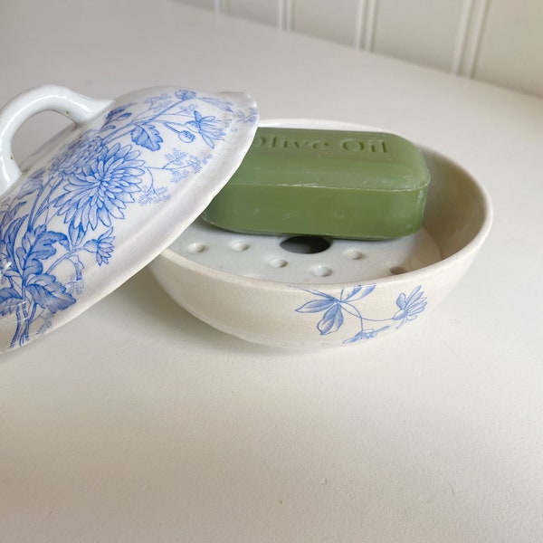 antique soap dish ironstone transferware blue and white floral bathroom vintage old world cottagecore collected home