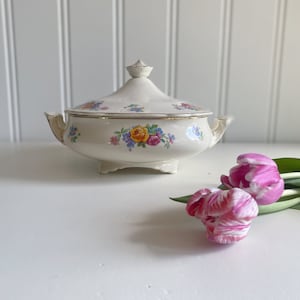 Peut inclure: Un plat de service en porcelaine blanche vintage avec un motif floral dans des tons de rose, jaune, bleu et vert. Le plat a un couvercle et une bordure dorée.