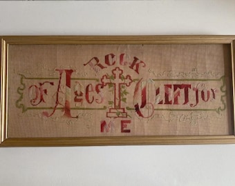 antiek victoriaans motto geborduurd geperforeerd papier rock of age cleft for me hymne antiek