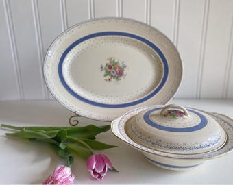 schotel en groenteschotel selston woods burslem engeland bloemen blauw herfst tafellandschap vintage