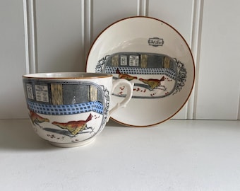 Adams oud-Engelse sportmok en bord – vintage hanengevecht Engels Ironstone Collectible