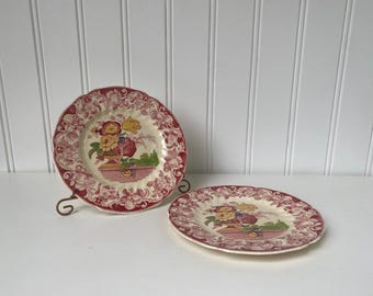 rode transferware royal doulton pomeroy paar borden handgeschilderde bloemen vintage gele tulp bord muur galerijwand tablecaping