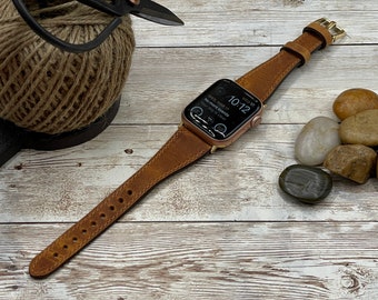 Cinturino sottile in vera pelle marrone per Apple Watch, 42, 38, 40, 44, 45, 41 mm per serie 1-2-3-4-5-6-7-8-9-10 e SE Incisione laser gratuita