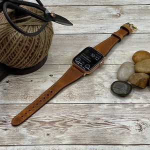 Correa fina de cuero marrón genuino para Apple Watch, 42, 38, 40, 44, 45, 41 mm para series 1-2-3-4-5-6-7-8-9-10 y SE. Grabado láser gratuito