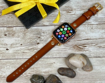 Brown Burnished Leather Apple Watch Band 38, 40, 41, 42, 44, 45 mm, Slim Leather Apple Watch for Women, iWatch Band for Sister