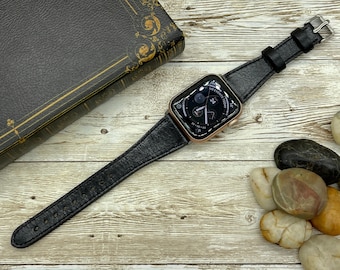 Genuine Black Leather Slim Apple Watch band, 42mm, 38mm, 40mm, 44mm for series 1-2-3-4-5-6-7-8-9-10 &SE, Black Slim Watch Band