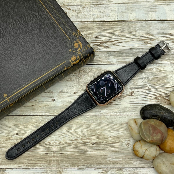 Genuine Black Leather Slim Apple Watch band, 42mm, 38mm, 40mm, 44mm for series 1-2-3-4-5-6-7&SE Free Laser Engraving, Black Slim Watch Band