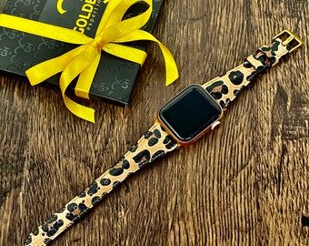 Leopard Pattern Slim Premium Leather Apple Watch Band 38mm, 42mm, 44mm, 40mm for 6-5-4-3-2 Gift for Him, Gift for Husband, Gift for Friend