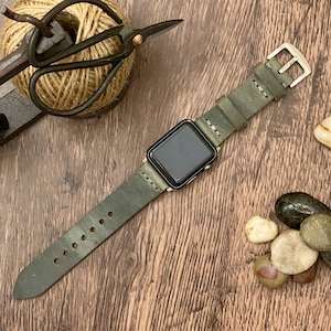 Light Gray Genuine Leather Apple Watch Band, 100 % Hand Cut and Hand Stitched Apple Band 42mm, 38mm, 40mm, 44mm for Series 1-2-3-4-5-6