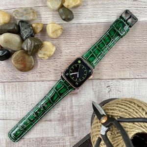 Correa de cuero genuino para Apple Watch de 49 mm, 45 mm, 44 mm, 42 mm, 41 mm, 40 mm y 38 mm con diseño de cocodrilo verde para las series 1, 2, 3, 4, 5, 6, 7, 8, 9, 10 y SE