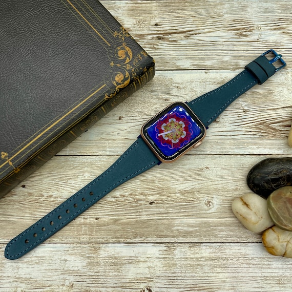 Navy Blue Slim Apple Watch Band, Brown Leather Apple Watch  display picture 1