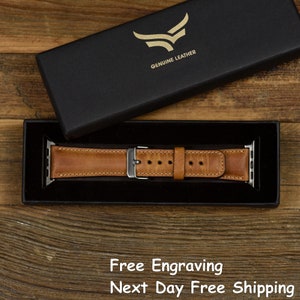 Genuine Brown Leather Apple Watch Band 49mm, 45mm, 44mm, 42mm, 41mm, 40mm and 38mm for Series 9-8-7-6-5-4-3-2-1-SE, Ultra & Ultra 2, Gift