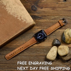 Genuine Brown Leather Apple Watch Band 42mm, 38mm, 40mm, 41 mm, 44mm, 45mm, 49mm for Series 9-8-7-6,..1-SE, Ultra & Ultra 2, FREE ENGRAVING