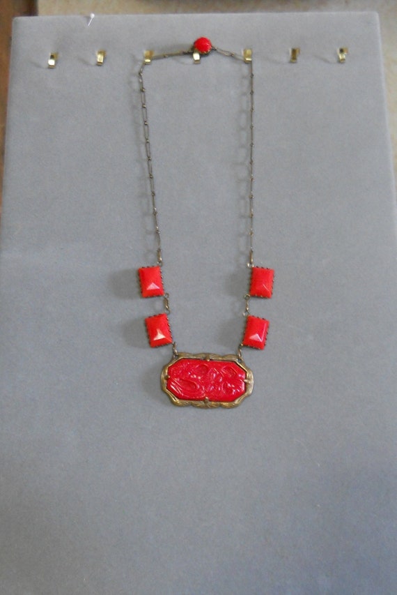 1930's Art Deco Red Carved Glass Necklace
