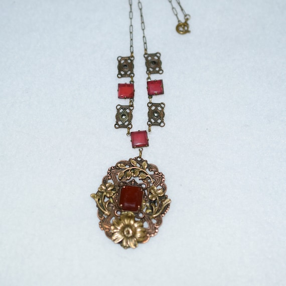 1930's Art Deco Brass and Carnelian Necklace