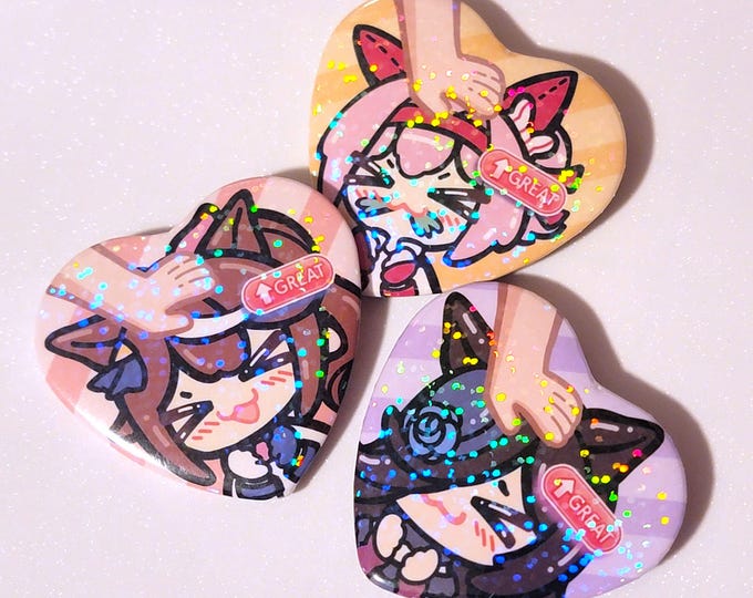 Umamusume Fanmade Holographic Button Pin – Horsegirl Headpat Heart Anime Badge, Horse Girl Merch