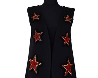 Wool beaded Vest - Handbeaded asymmetrical wool vest; Limited edition clothing collection; Vest with beaded stars;