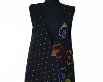 Flowers Boho Beaded Vest; Beaded wool vest; Asymmetrical vest with embroidery; Festival clothing;  Cozy wool vest;