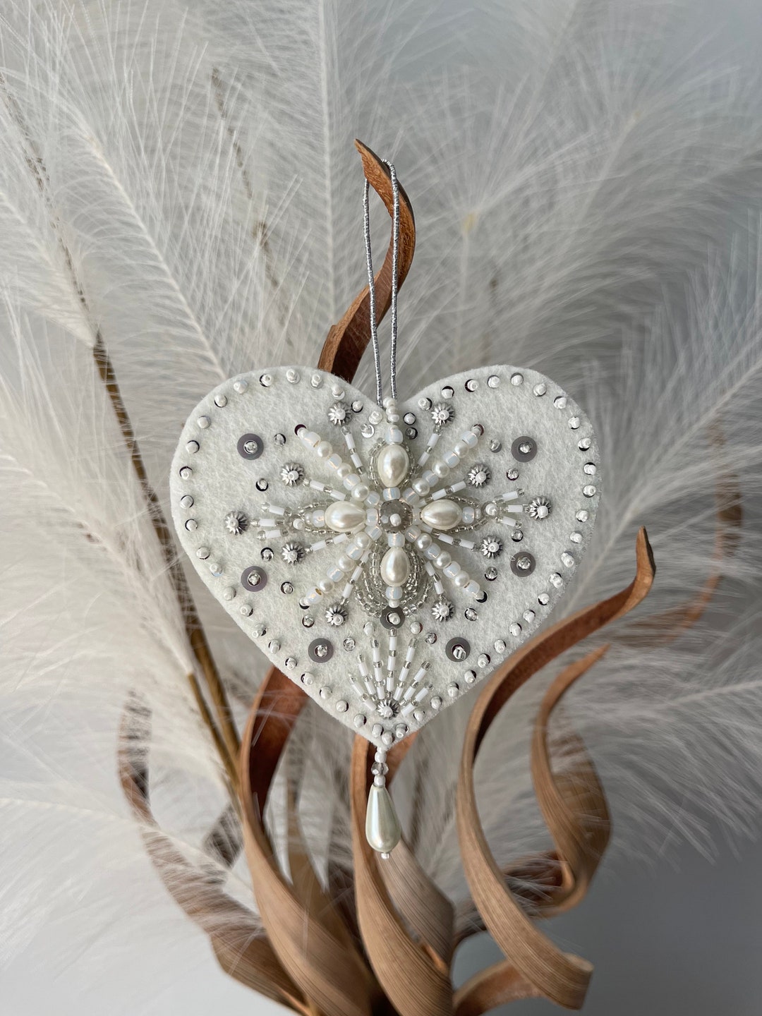 Beaded Heart Ornament for Christmas Tree Silver Heart Ornament Etsy