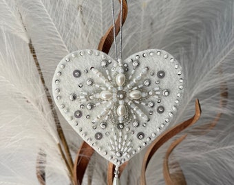 Beaded heart ornament for Christmas tree;~ Silver heart ornament ~