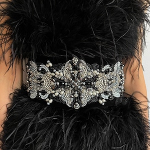 DEMETRA wide belt; Velvet hand beaded wide belt for women; Beaded velvet belt for wedding dress;