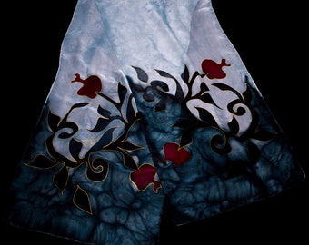 Handmade Silk Scarf - Batik - Pomegranates - Gift for Her - by Shoghik