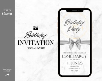 O aniversário de prata Digital convida | Convite luxuoso cinzento do vídeo do insecto do aniversário de <br> Crie Seu Próprio Produto! Evite Aniversário Surpresa | Convite digital para despedida de solteira