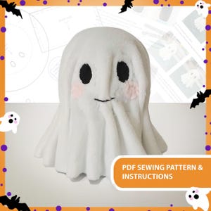 May include: A plush white ghost with black eyes, a small black smile, and pink blush marks. The ghost is a Halloween-themed craft project. The image includes the text "PDF SEWING PATTERN & INSTRUCTIONS".