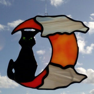 Halloween ornament stained glass décor. Black cat and red moon in colored glasses, miniature Halloween sun catcher in Tiffany stained glass image 1