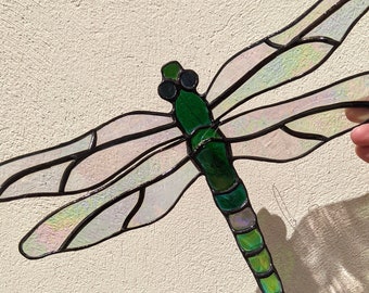 Dragonfly green stained glass iridescent window hanging, wall art décor, glass sun catcher, window suspension.