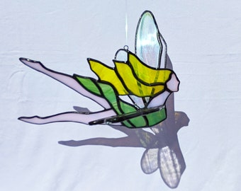 Fairy green and yellow mobile stained glass Tiffany. Stained glass suspended from window. Original decorative gift for the decoration of a window